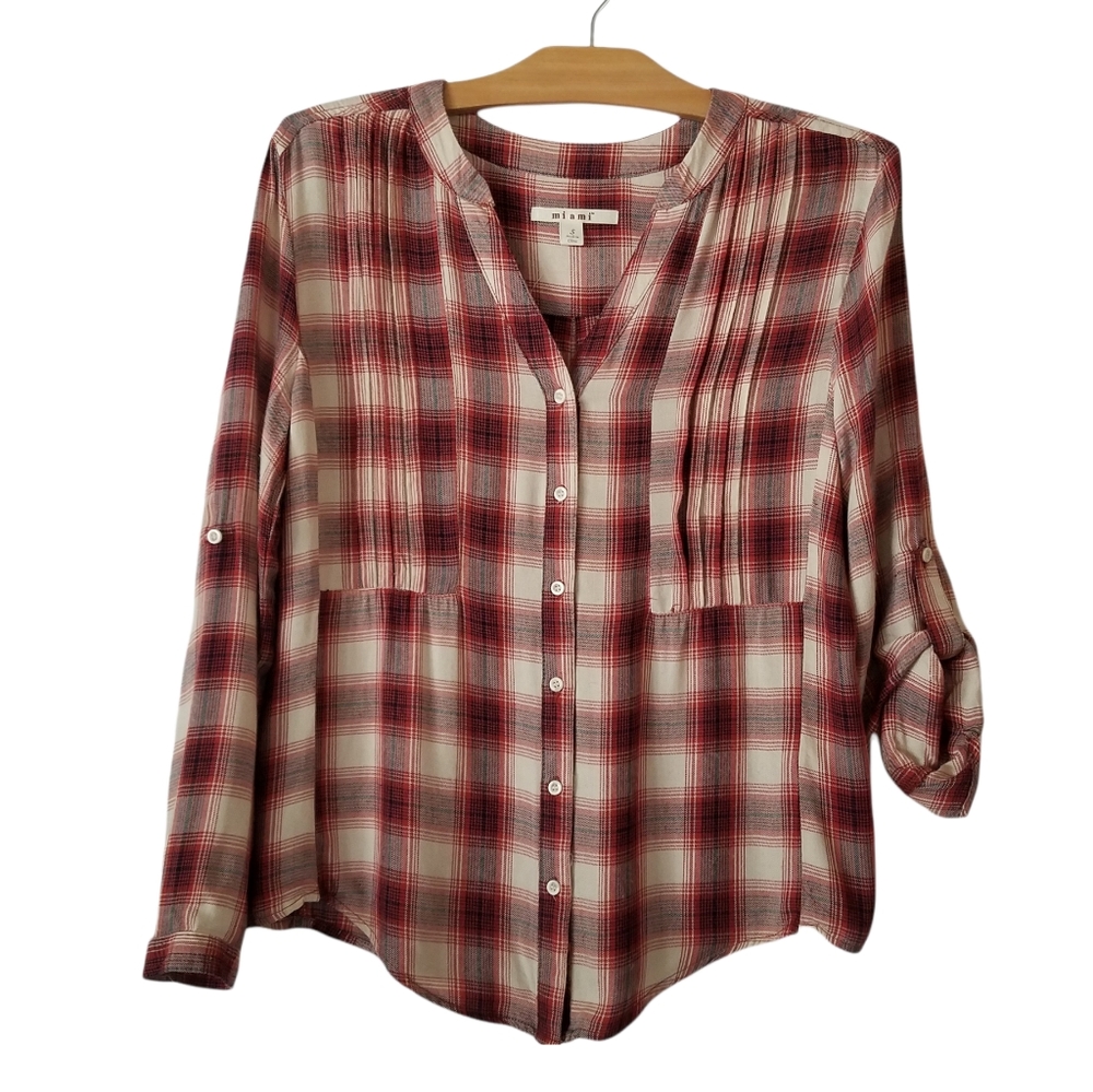 Miami Button Front Blouse Top Plaid Roll Tab Sleeve Pleated Burnt Orange Rust
